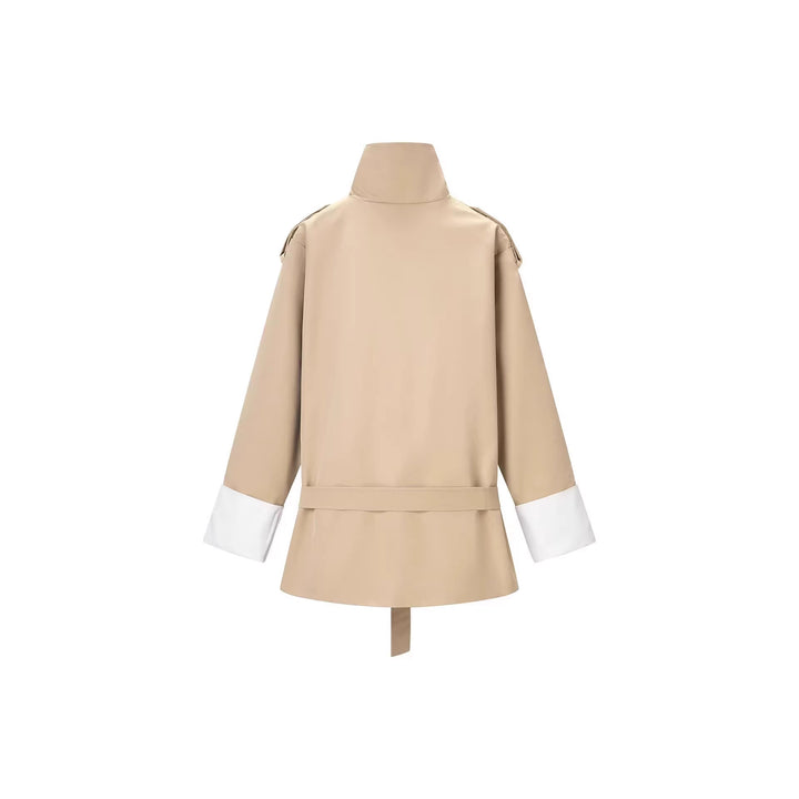 Women's Short Trench Coat with Waist Belt, Stand Collar and Contrast Cuffs Mune Fashion