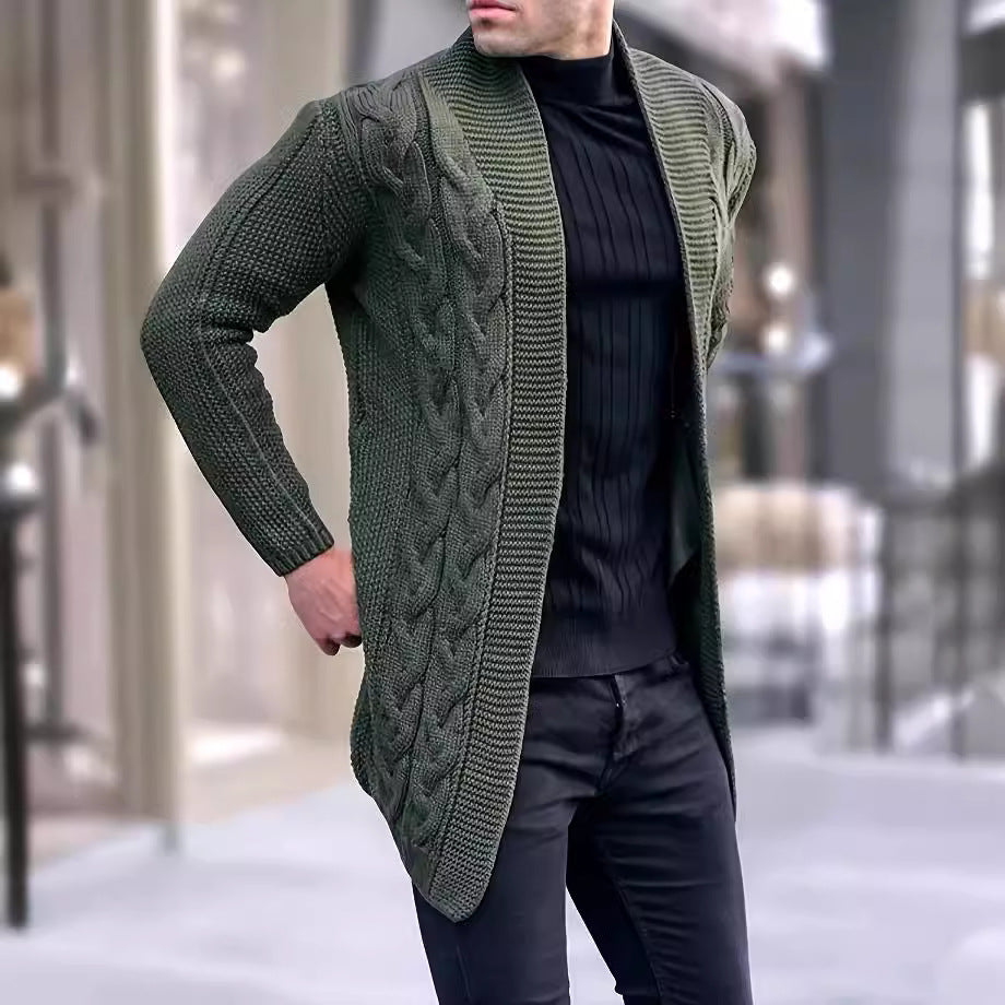 Men's Longline Knitted Cardigan with Shawl Collar, Cable and Pearl Patterns Mune Fashion