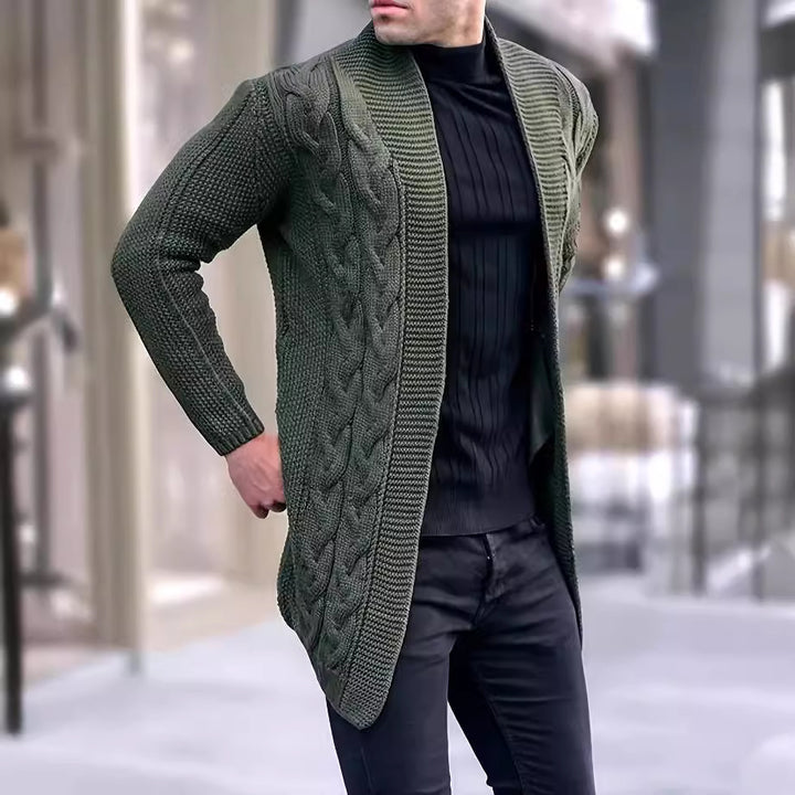 Men's Longline Knitted Cardigan with Shawl Collar, Cable and Pearl Patterns Mune Fashion