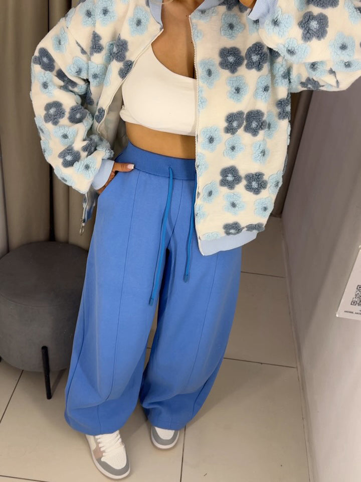 Women's Wide High-Waist Sweatpants with Drawstring, Crease & Side Pockets Mune Fashion