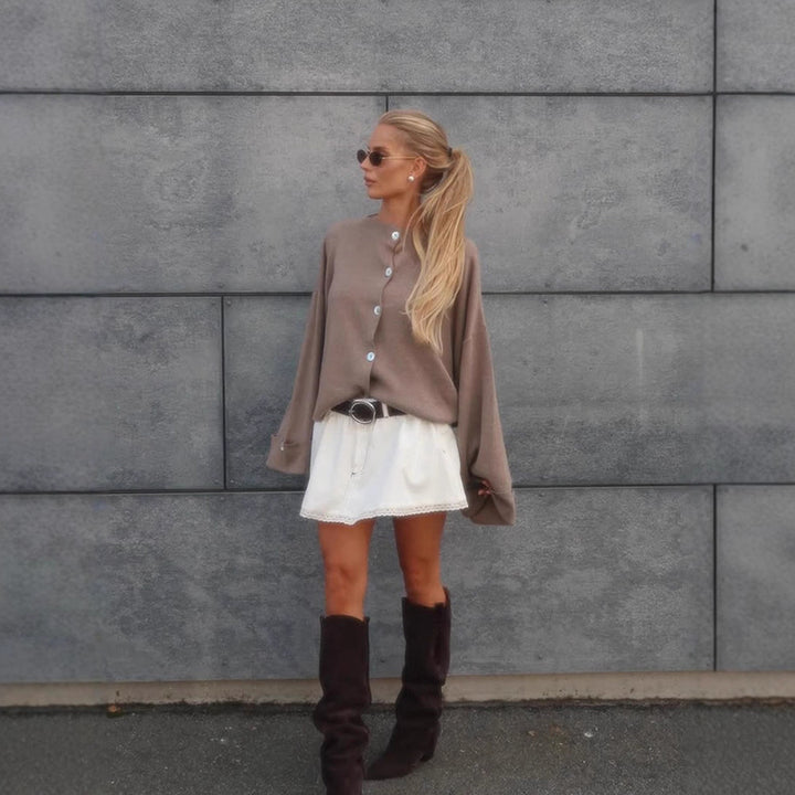 Women's Oversized Cropped Jacket with Wide Trumpet Sleeves and Button Cuffs Mune Fashion