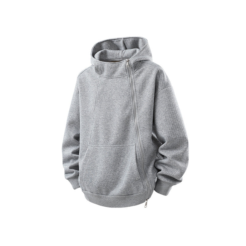 Unisex Asymmetric Hoodie with High Collar, Diagonal Zipper and Kangaroo Pocket Drune