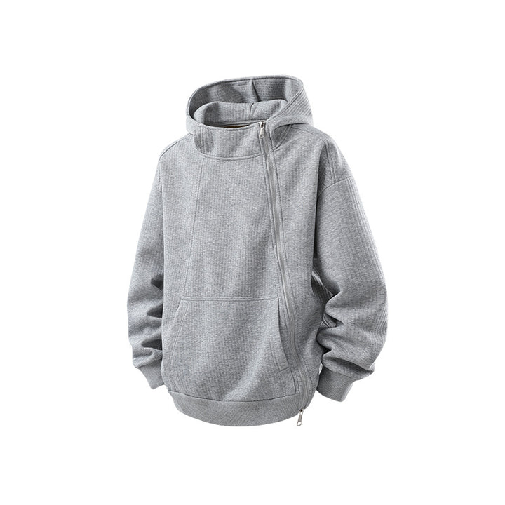 Unisex Asymmetric Hoodie with High Collar, Diagonal Zipper and Kangaroo Pocket Drune