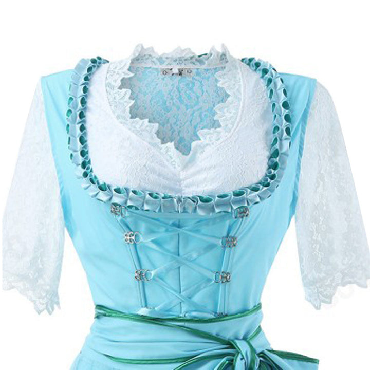 Women's romantic alpine dress with laced bodice, lace insert, and waist belt Mune Fashion
