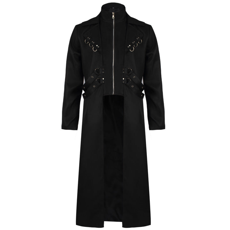 Men's long Gothic coat with integrated zipper inner jacket, decorative belts and D-ring applications Mune Fashion