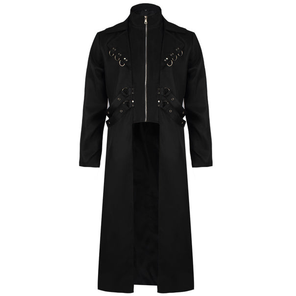 Men's long Gothic coat with integrated zipper inner jacket, decorative belts and D-ring applications Mune Fashion