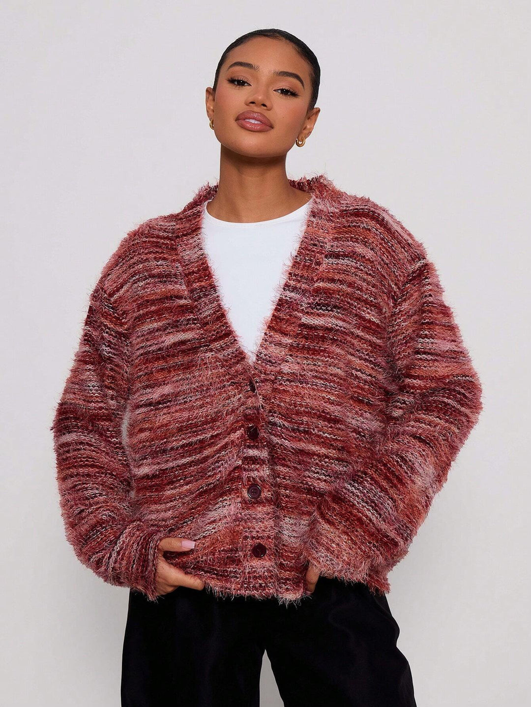 Women's Oversize Fuzzy Sweater with Wide Carmen Neckline and Mélange Knit Structure Mune Fashion