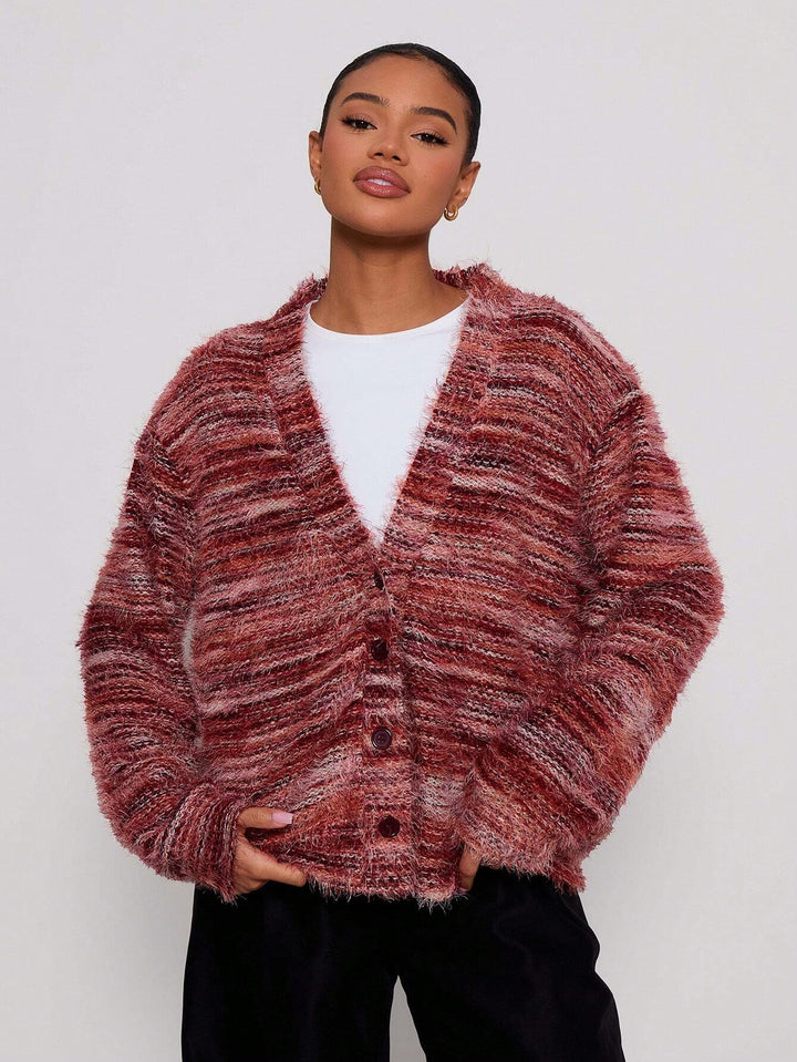 Women's Oversize Fuzzy Sweater with Wide Carmen Neckline and Mélange Knit Structure Mune Fashion