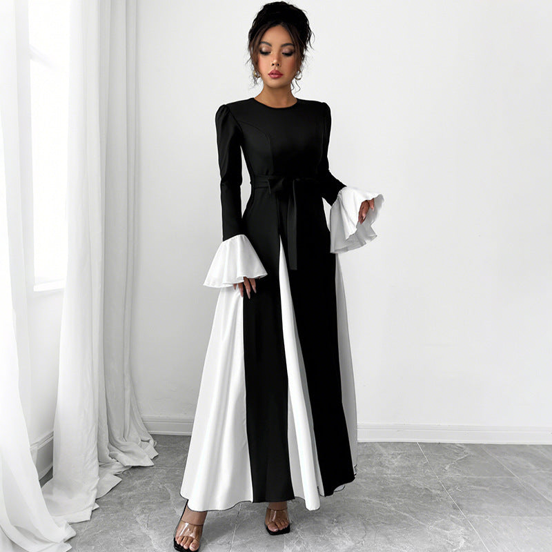 Ladies evening dress with fitted corset top, long sleeves and contrasting flounce cuffs Mune Fashion