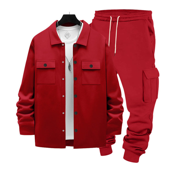 Men's casual cotton blend overshirt and cargo jogger set with drawstring, patch pockets, and elastic cuffs Mune Fashion