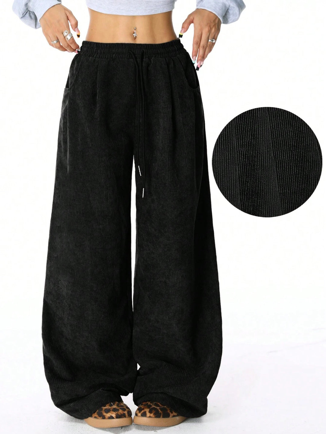 Women's Loose Cord Pants with Elastic Waistband, Drawstring, and Side Pockets Mune Fashion