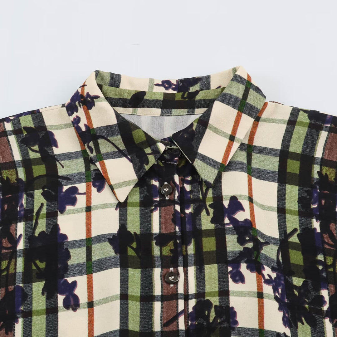 Women's shirt dress with checkered pattern and floral print including a fitted belt Mune Fashion