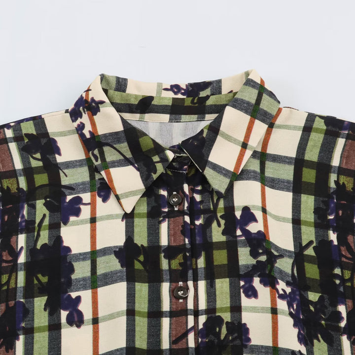 Women's shirt dress with checkered pattern and floral print including a fitted belt Mune Fashion