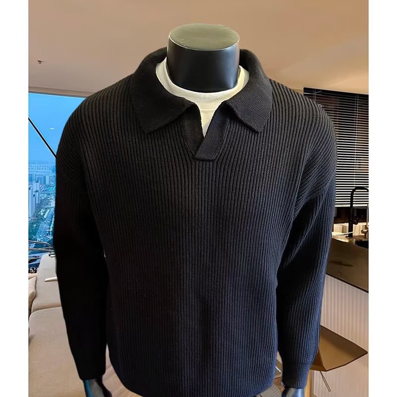 Men's Structured Knit Sweater with Polo Collar and V-Slit Mune Fashion