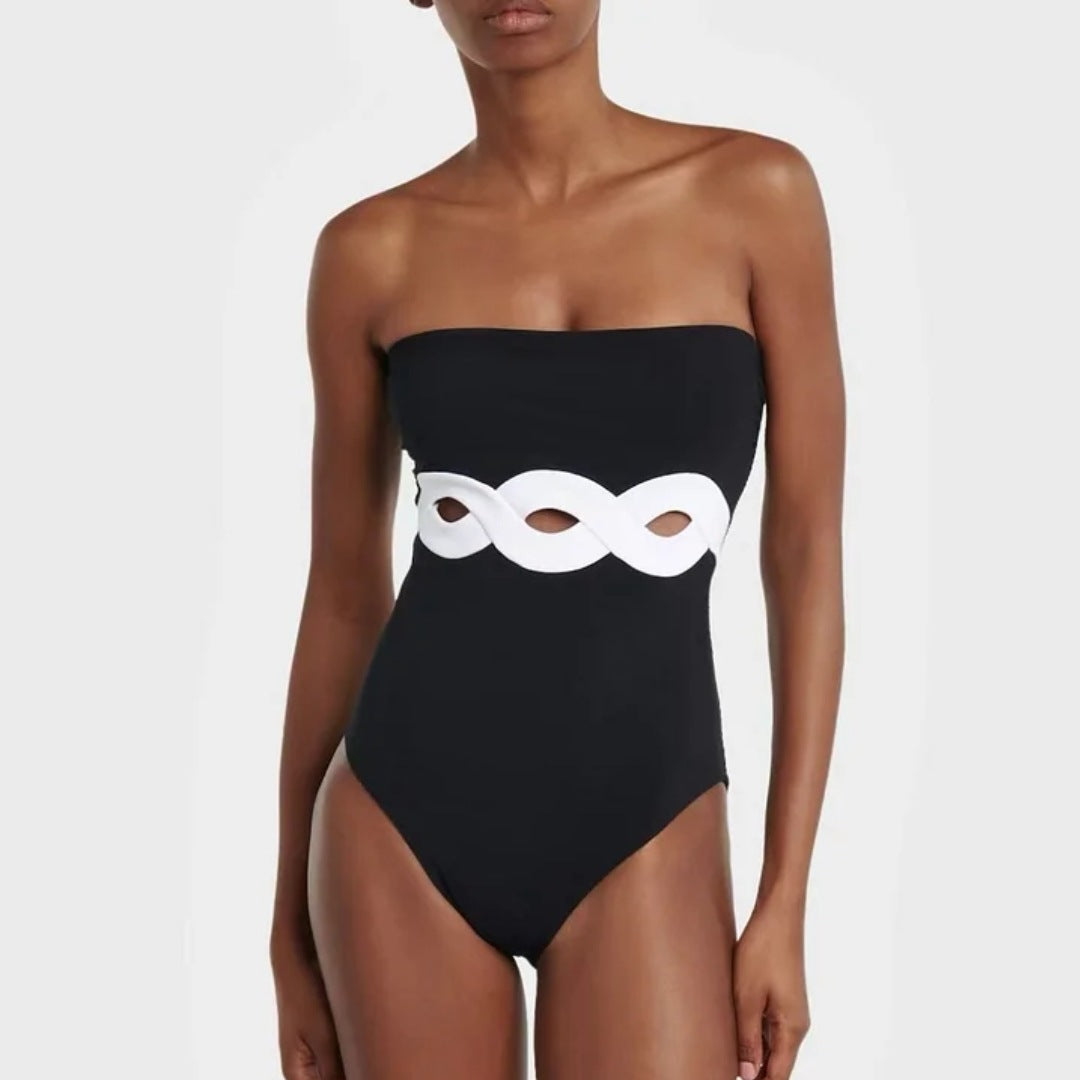 Ladies elegant V neck swimsuit with stylish wrap skirt Mune Fashion