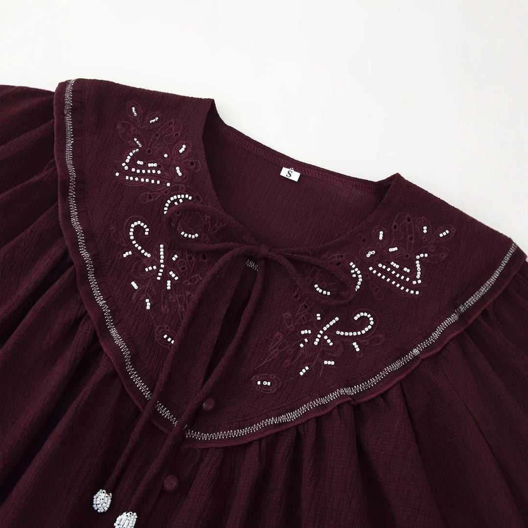 Women embroidered blouse with oversized collar, tie bow and buttoned front Mune Fashion