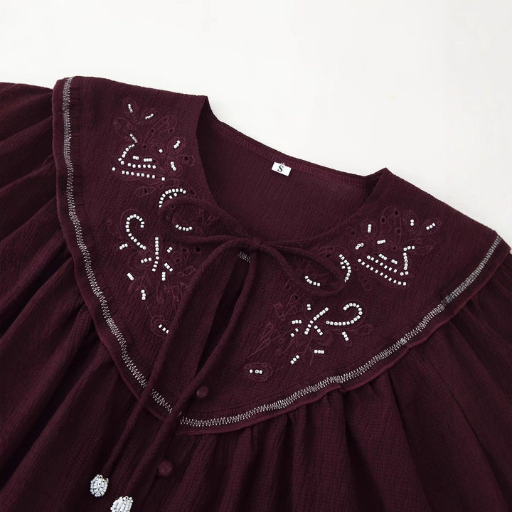 Women embroidered blouse with oversized collar, tie bow and buttoned front Mune Fashion
