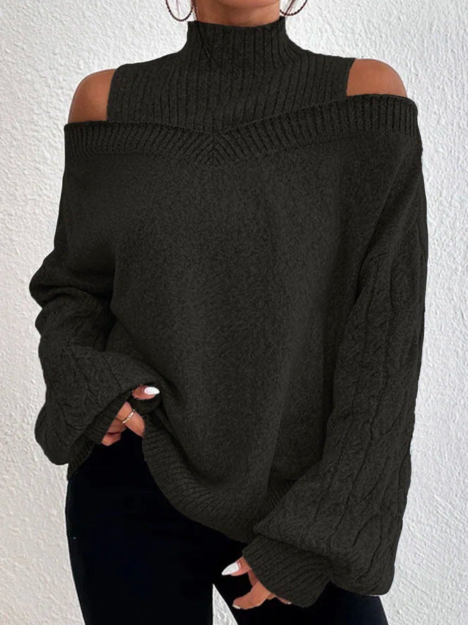 Women's off-the-shoulder knitted pullover with stand-up collar and cable-knit sleeves Mune Fashion