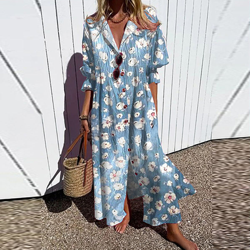 Women Flowing Maxi Dress with Continuous Button Placket V-Neck and Folk Print Mune Fashion
