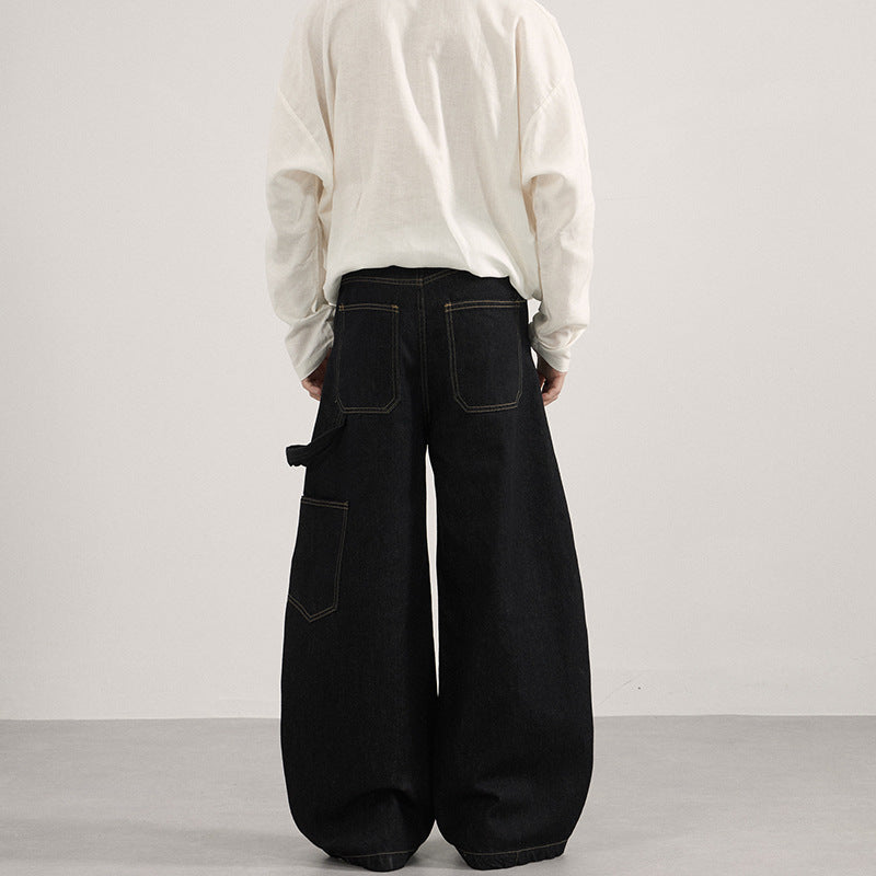 Men's Wide-Cut Carpenter Denim Palazzo Pants with Distinctive Seam Panels Mune Fashion