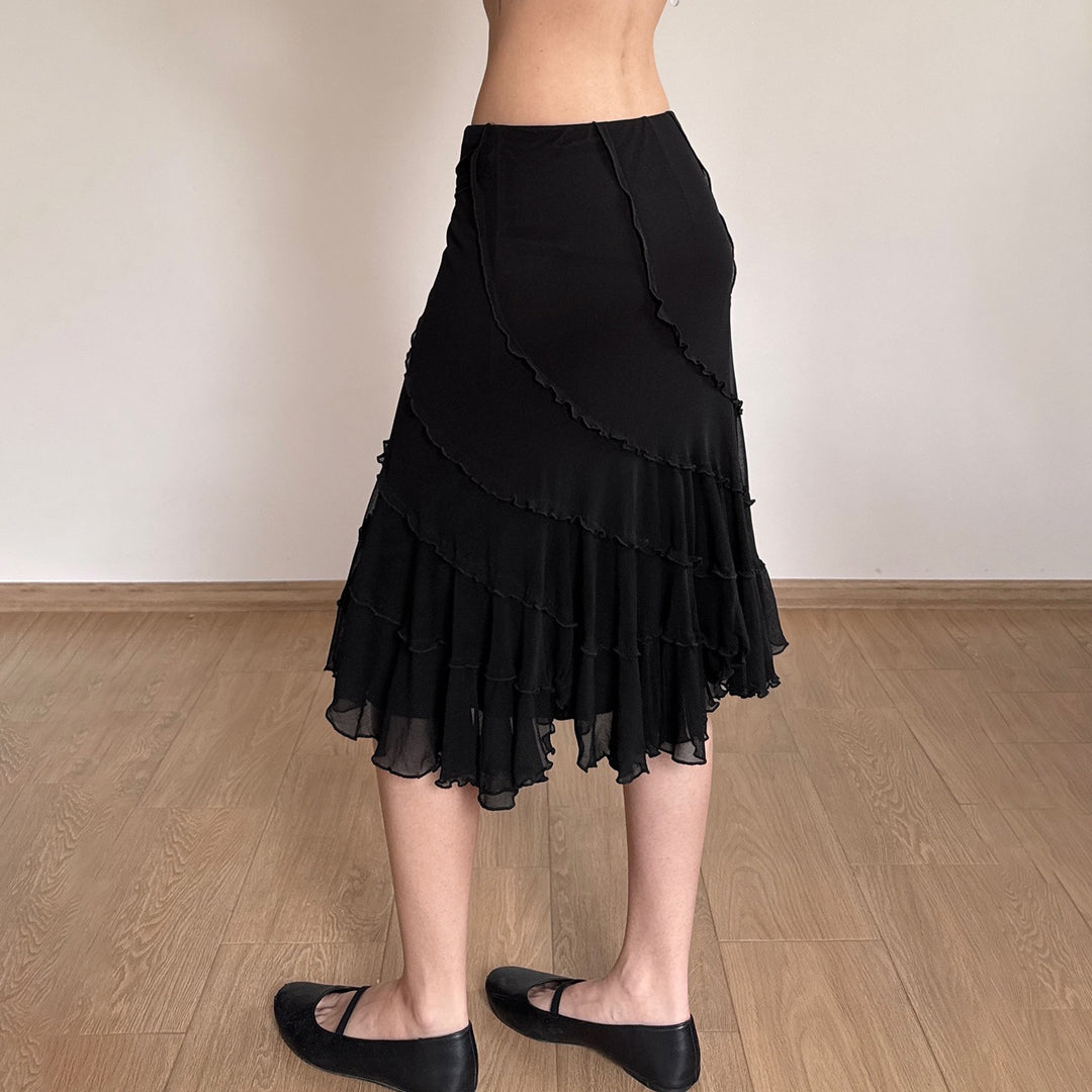 Women's midi skirt made of chiffon with layers, asymmetrical seam lines and decorative belt Mune Fashion