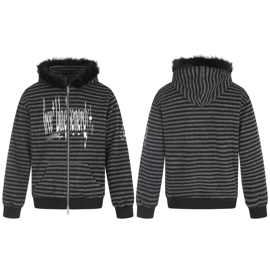 Unisex hoodie zip jacket with faux fur trim, striped pattern and front print Mune Fashion