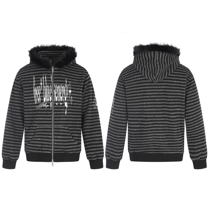 Unisex hoodie zip jacket with faux fur trim, striped pattern and front print Mune Fashion