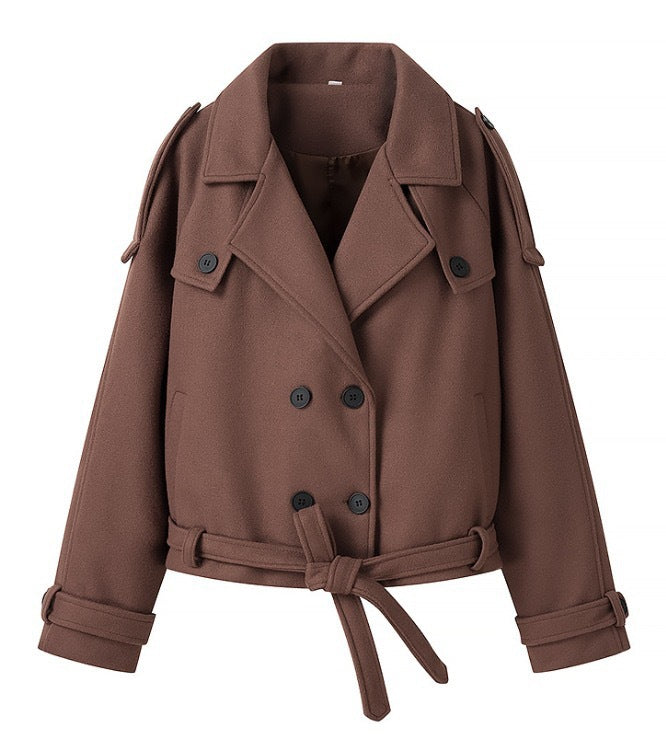 Women’s short cut double-breasted wool blend trench coat with waist belt Mune Fashion