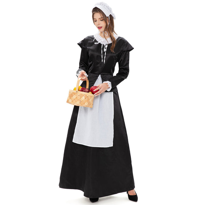 Women's historical pilgrim costume with long skirt, gathered blouse, removable apron, and hood Mune Fashion