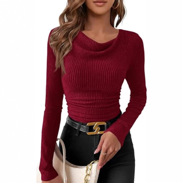 Women's fitted fine-rib long sleeve with asymmetric waterfall collar Drune