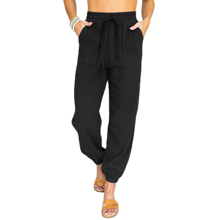 Women nan light linen look casual pants with high elastic waistband, drawstring, patched pockets and elastic ankle cuffs Mune Fashion