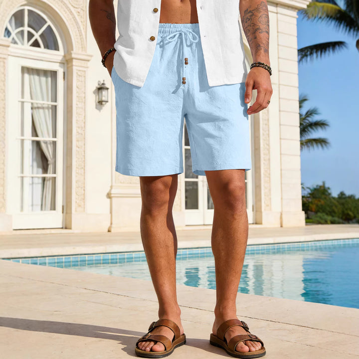 Men's lightweight beach Bermuda shorts made of linen blend with elastic waistband, drawstring and decorative button placket Mune Fashion