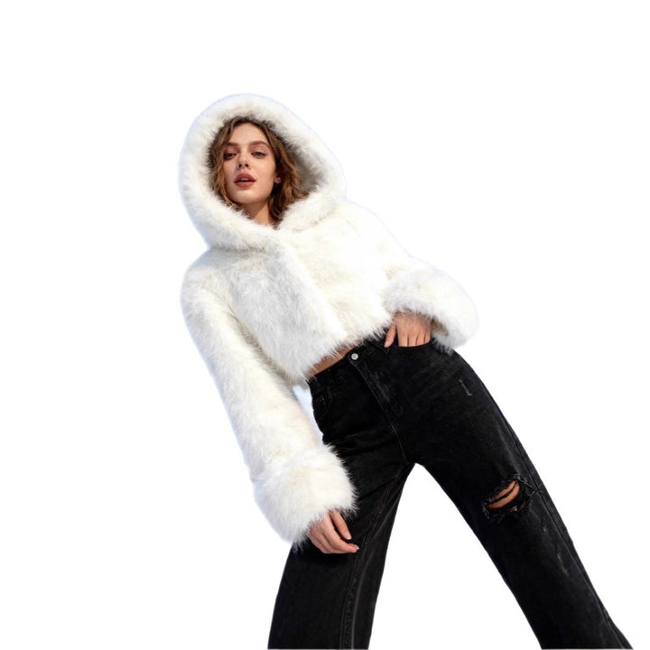 Women's Cropped Faux Fur Jacket with Hood, Smooth High-Pile Look and Narrow Hem Mune Fashion