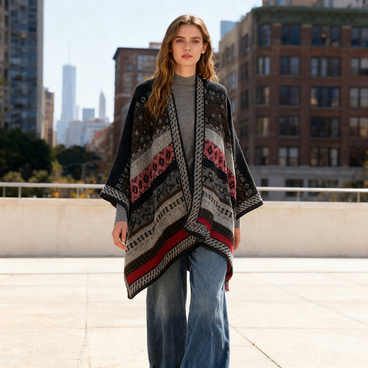 Women's Open Jacquard Cape with Paisley and Ethno Motif Mune Fashion