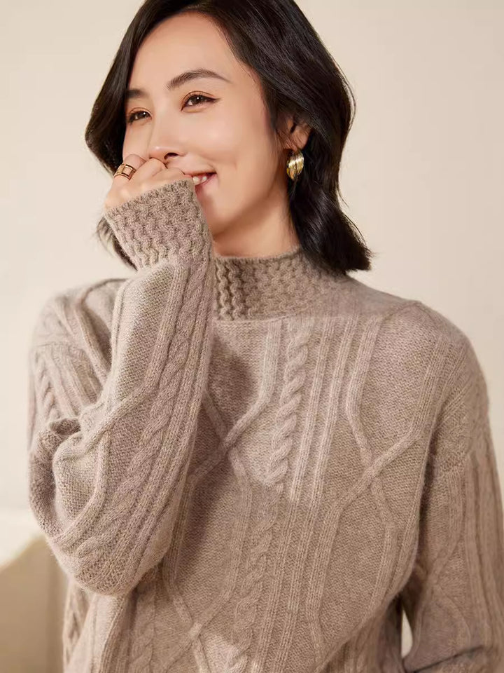 Women's cable knit mock neck sweater with short boxy silhouette Mune Fashion