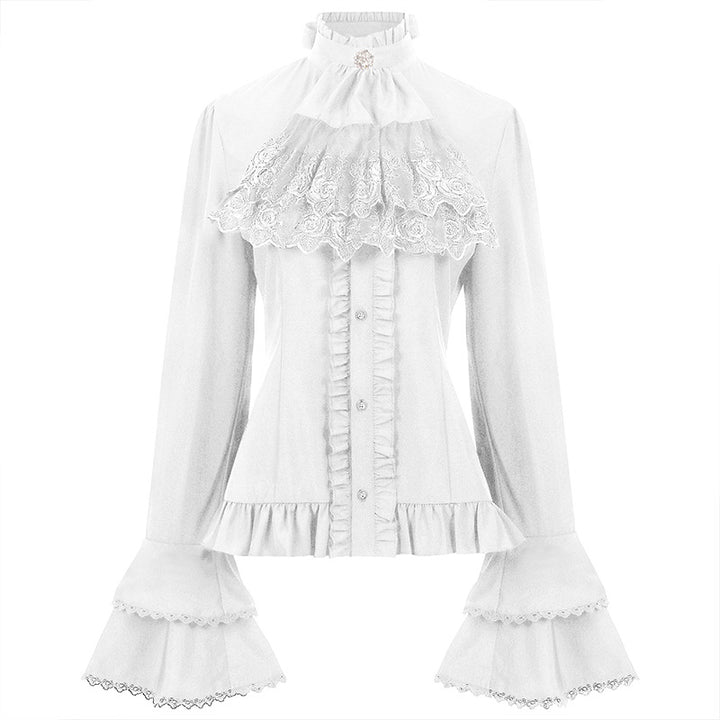 Women's nan Victorian lace blouse with ruffled jabot, tailored cut, and double-layered bell sleeves Mune Fashion