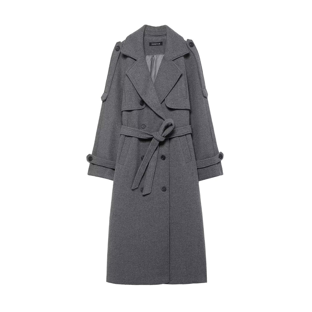 Women's long double-breasted wool coat with belted waist and shoulder flaps Mune Fashion