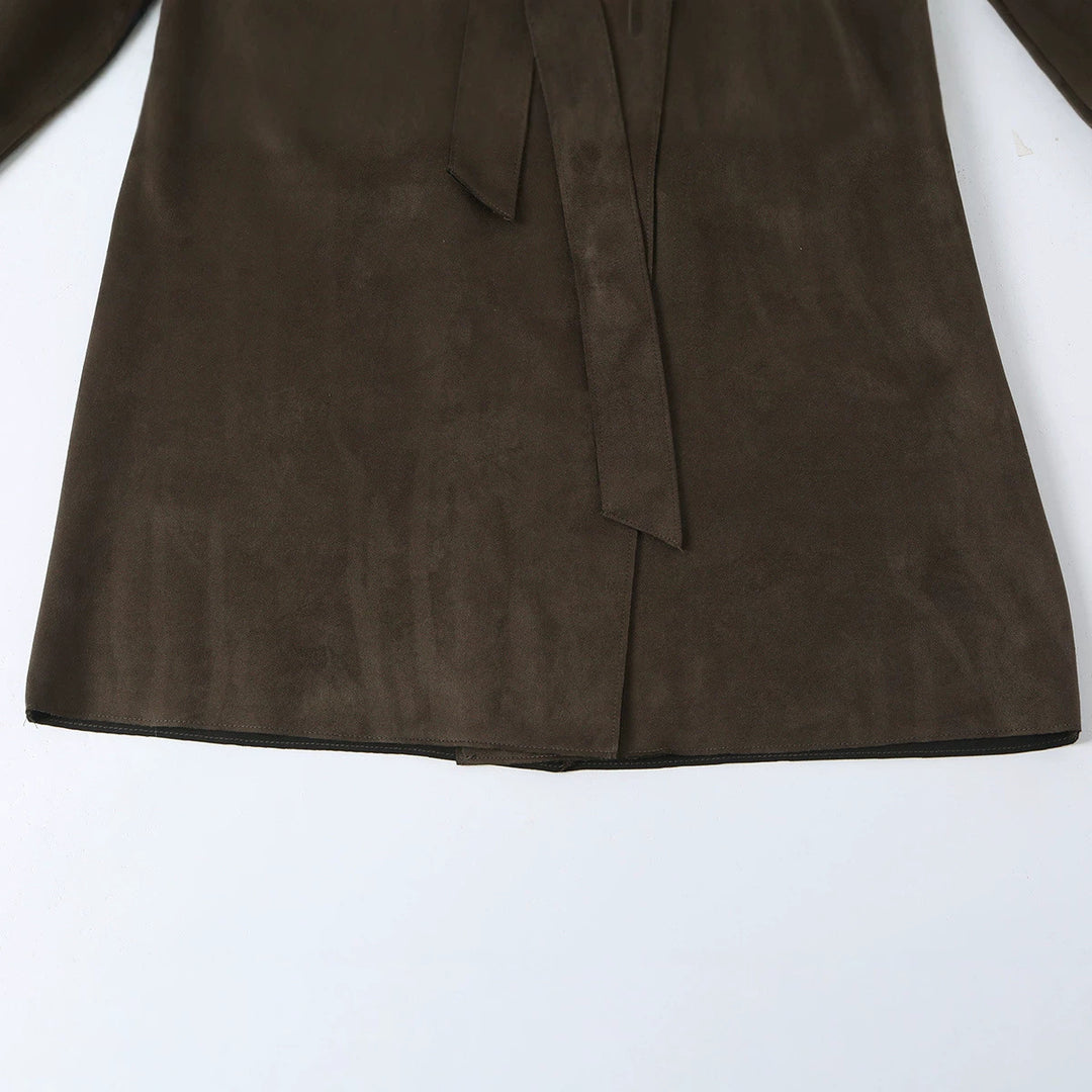 Women long cut trench coat made of suede look with tie belt Mune Fashion