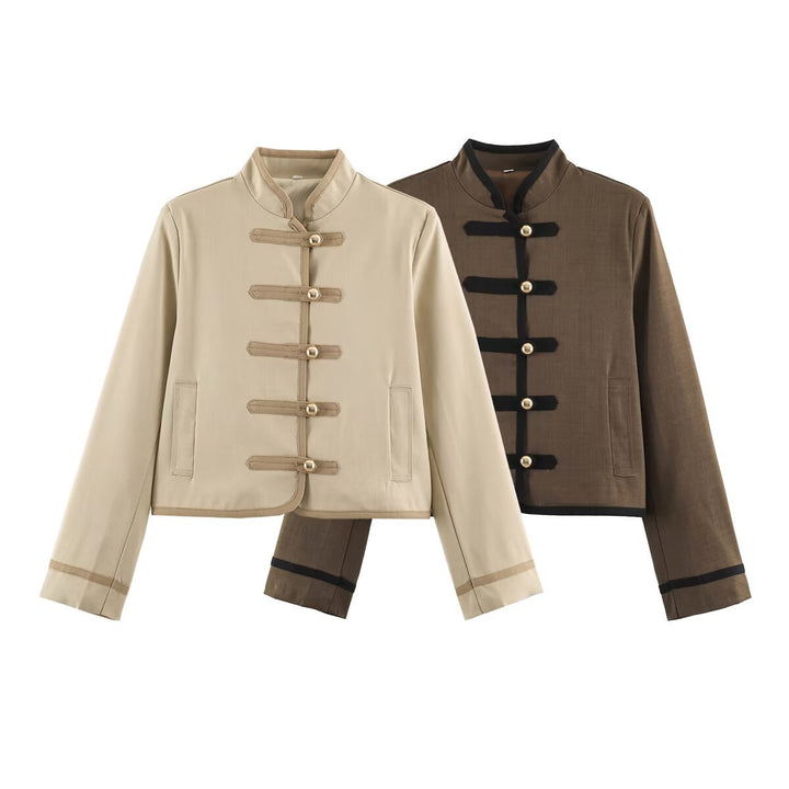 Women's Cropped Stand Collar Jacket with Decorative Toggle Fastenings and Boxy Cut Mune Fashion