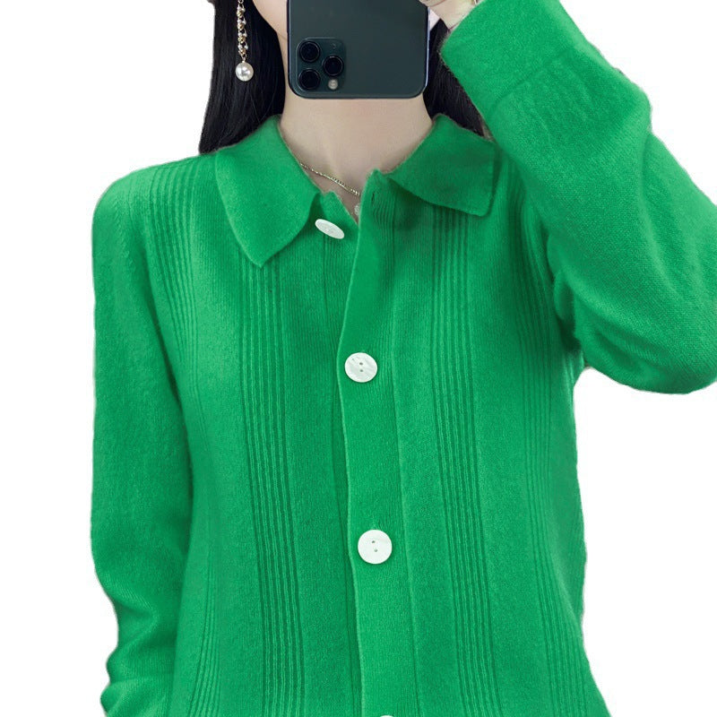 Women's button cardigan with shirt collar and fine vertical ribbed texture Mune Fashion