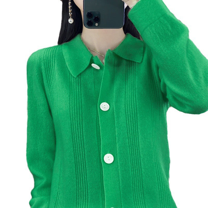 Women's button cardigan with shirt collar and fine vertical ribbed texture Mune Fashion