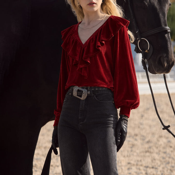 Women shimmering V-Neck ruffle blouse with balloon sleeves and elastic cuffs Mune Fashion