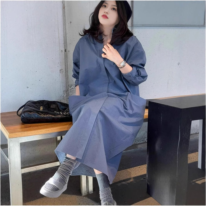 Women Long Oversized Shirt Dress made of Cotton Poplin with Side Pockets and Back Yoke Mune Fashion