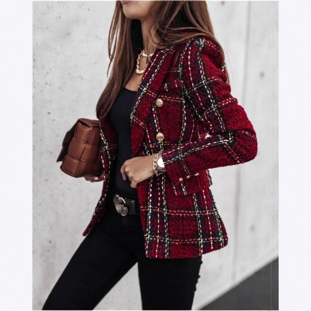 Ladies elegant tweed blazer with double button, textured weave and patch pockets Mune Fashion