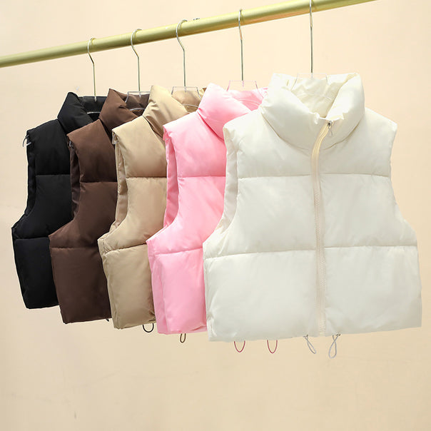 Women nan quilted short vest with high stand-up collar, two-way zipper and adjustable hem Mune Fashion