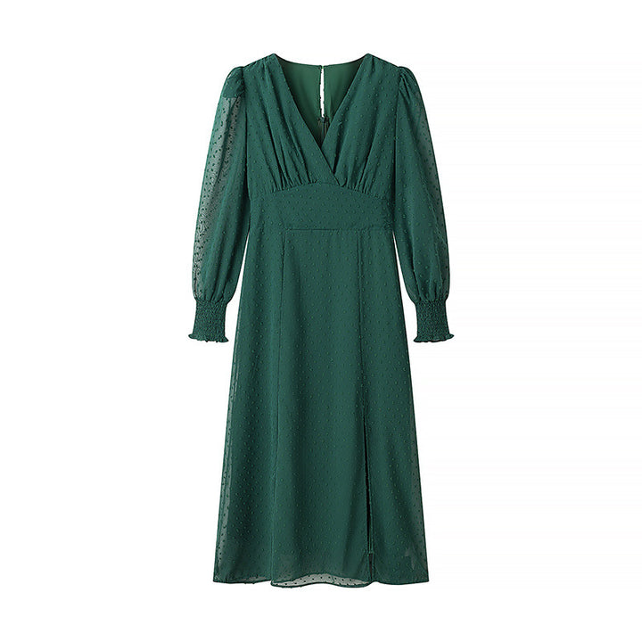Women's gathered V-Neck midi dress with dot structure, smocked cuffs and side slit Mune Fashion