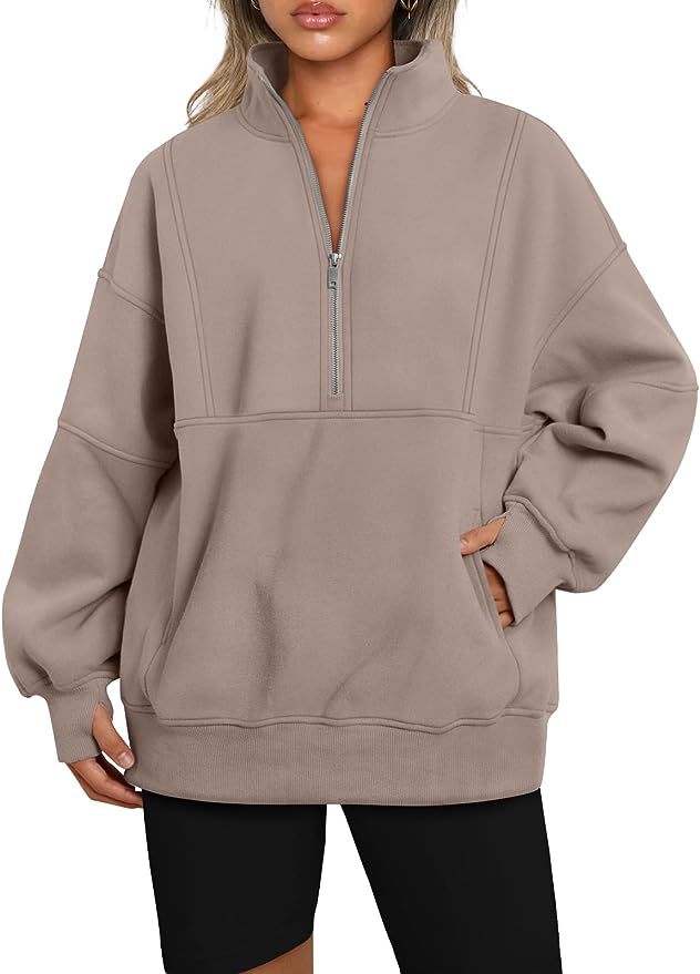 Women's Oversized Sweatshirt with Half Zipper, Kangaroo Pocket and Stand-up Collar Mune Fashion