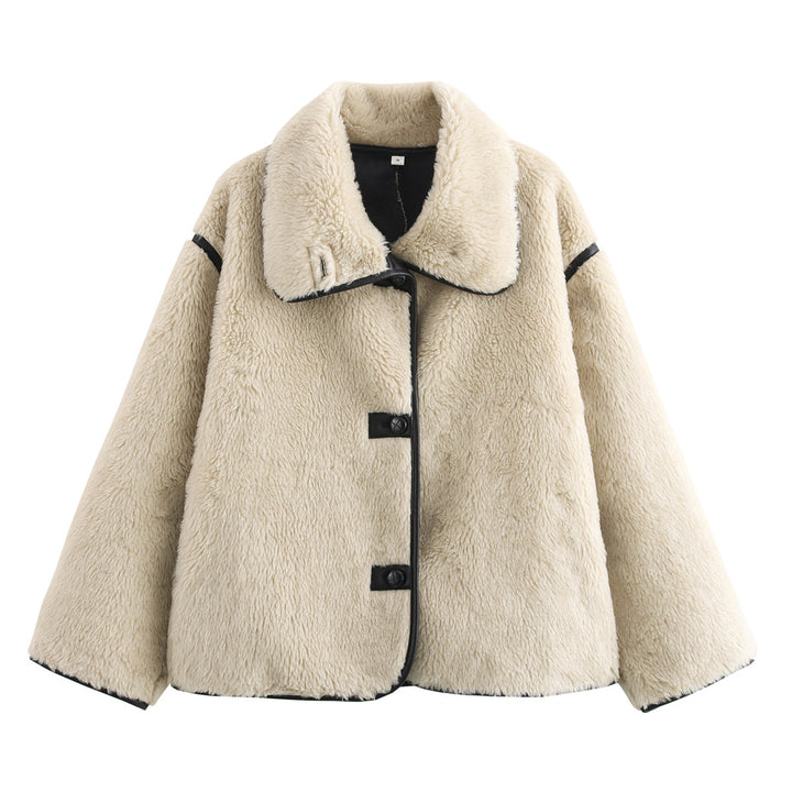 Women Short Cut Faux Fur Field Coat with Oversized Shawl Collar and Contrasting Piping Mune Fashion