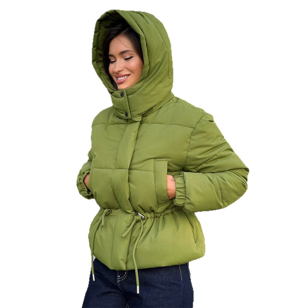 Women’s short padded hooded jacket with waist drawstring and high stand-up collar Mune Fashion