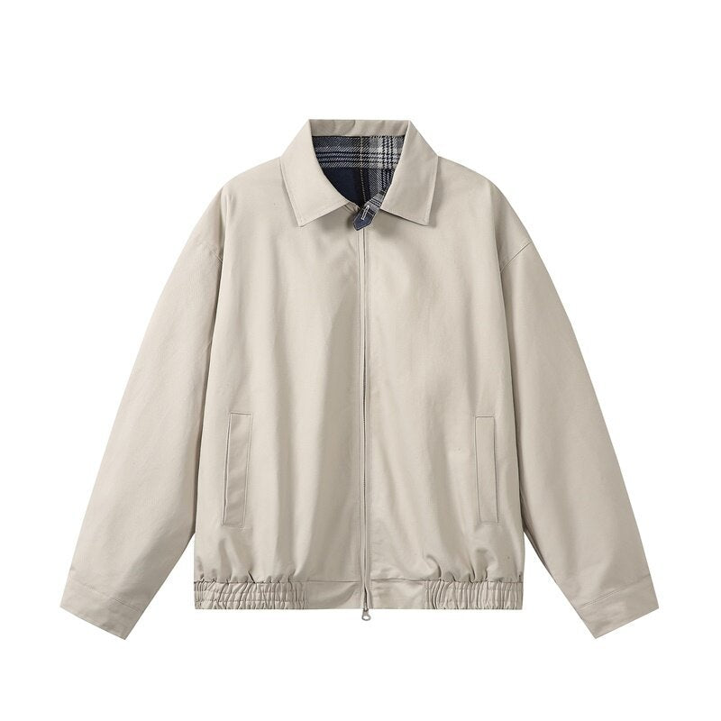 Unisex Short-Cut Boxy Blouson Jacket with Checked Stand Collar, Elastic Hem, and Two-Way Zipper Mune Fashion